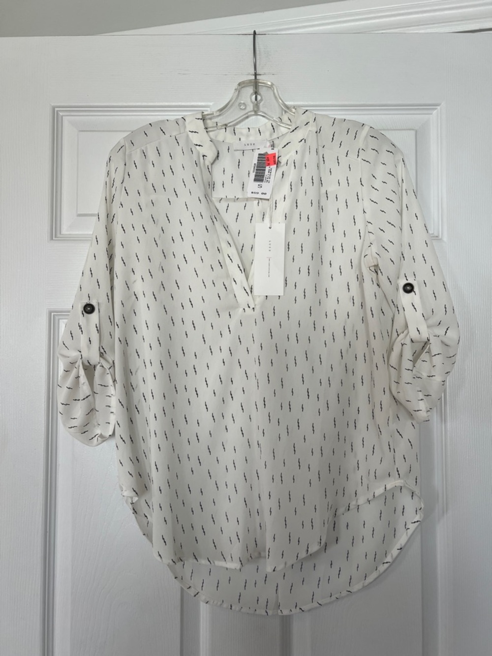 Lush White Printed Split-Neck Roll Sleeve Blouse